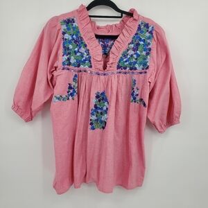 ◇ Pink Ruffle Accent Blouse with Colorful Floral Embroidery Size Large
